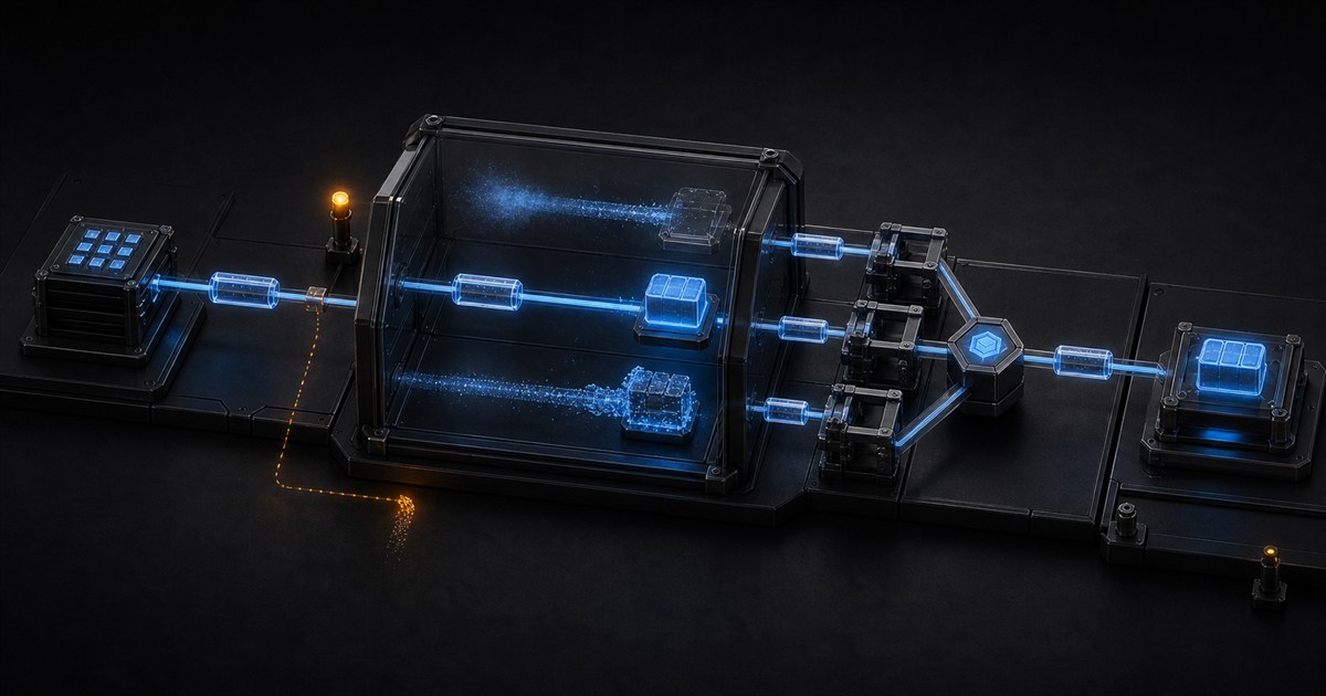 A timed-out request enters a sealed provider chamber with three uncertain outcomes before a uniqueness gate converges retries into one durable write
