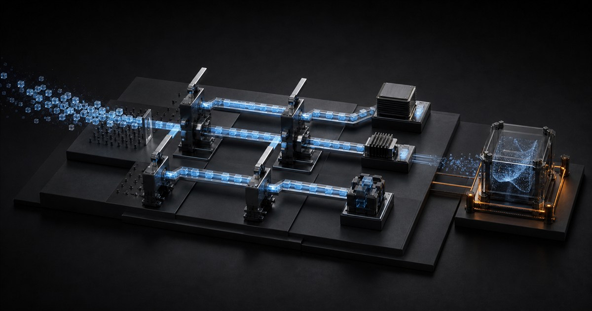 Ice-blue signals routed through mechanical selectors while ambiguous particles continue to a glass model chamber