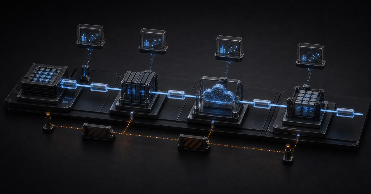 A glowing trace line crosses four sealed service boundaries while sensitive payloads remain enclosed and telemetry is collected separately